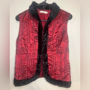 Embroidered Vest Mongolian Fur trim made from Vintage Fabric.Fully lined medium